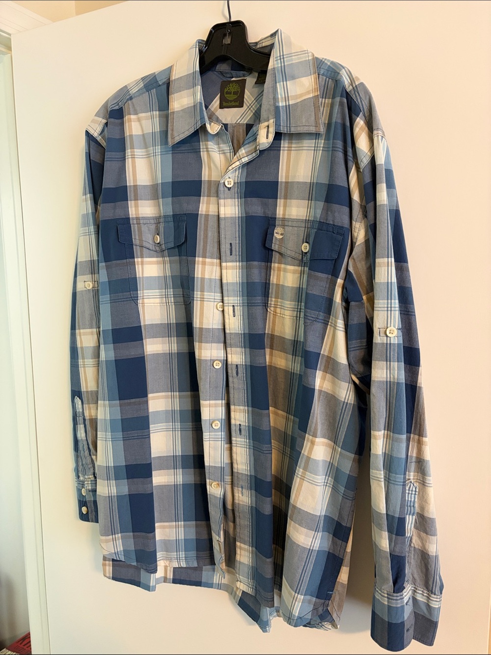 Timberland Blue and Cream Plaid Casual Button-Down Shirt
